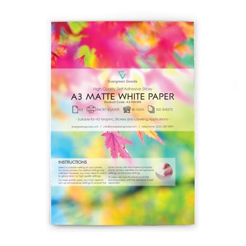 Evergreen Goods A3 100 Blatt 420 x 297 mm weißes, selbstklebendes mattes Aufkleberpapier für Tintenstrahl- und Laserdrucker, selbstklebende Rückseite, bedruckbares Papier, ideal für individuelle Evergreen Goods A3 100 Blatt 420 x 297 mm weißes, selbstklebendes mattes Aufkleberpapier für Tintenstrahl- und Laserdrucker, selbstklebende Rückseite, bedruckbares Papier, ideal für individuelle von EVG