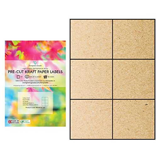 Evergreen Goods A4 Kraftpapier, matt, selbstklebend, für Tintenstrahldrucker und Laserdrucker, 2 x 3, 6 pro A4: insgesamt 180 Etiketten | 30 Blatt von EVG