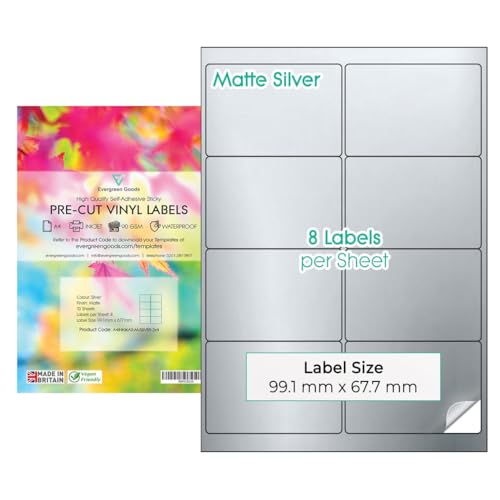 Evergreen Goods A4 Matt silber Vorgeschnittene Multi selbstklebende etiketten papier - Wasserdichte stickerpapier für Tintenstrahl und Laserdrucker - 2 x 4 (8 pro Blatt), 80 Etiketten, 10 Blatt von EVG