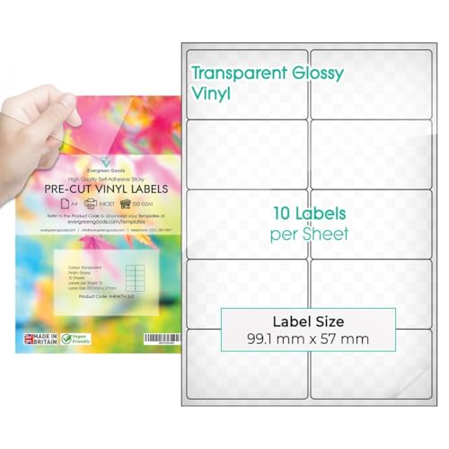 Evergreen Goods A4 vorgeschnittene Multi-Aufkleber-Etiketten – glänzend transparent | 2 x 5 (10 pro Blatt): 100 Etiketten insgesamt, 10 Blatt | Inkjet bedruckbar | transparente selbstklebende von EVG
