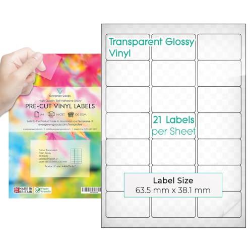 Evergreen Goods A4 vorgeschnittene Multi-Aufkleber-Etiketten – glänzend transparent | 3 x 7 (21 pro Blatt): 210 Etiketten insgesamt, 10 Blatt | Inkjet bedruckbar | klare selbstklebende Rückseite von EVG
