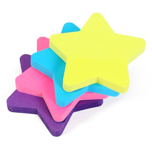 Evergreen Goods Haftnotizen in Sternform, 76 mm x 76 mm, Neonfarben (gelb, blau, rosa, lila), 100 Blatt pro Block, selbstklebende Haftnotizen für Büro, Zuhause, Schule, 4 Stück von EVG