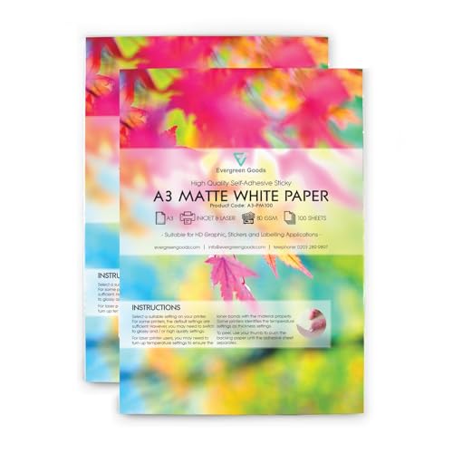 Evergreen Goods Klebepapier, A3 (420 x 297 mm), weiß, selbstklebend, matt, langlebig, für Tintenstrahl- und Laserdrucker, bedruckbares Papier, ideal für individuelle Etiketten, Schilder und von EVG