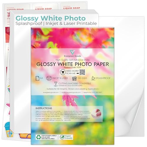 Evergreen Goods A4 Glänzendes Selbstklebendes Fotopapier 20 Blatt, 200gsm, Wasserabweisend, Starke Klebkraft Kompatibel mit Inkjet & Laserdrucker Ideal für Etiketten, Sticker & Bastelprojekte von EVG
