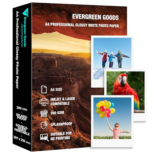 Inkjet & Laser Fotopapier A4 Glänzend Spritzwassergeschützt 100 Blatt 200GSM Doppelseitig bedruckbar für Canon HP Epson Drucker von EVG
