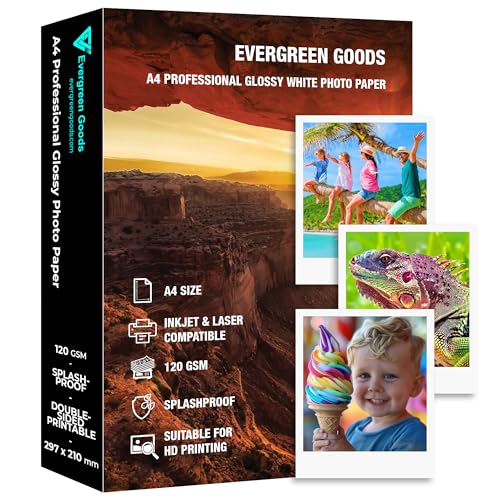 Inkjet & Laser Fotopapier A4 Glänzend Spritzwassergeschützt 50 Blatt 120GSM Doppelseitig bedruckbar für Canon HP Epson Drucker (100 Blatt) von EVG