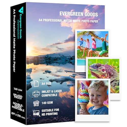 Inkjet & Laser Fotopapier A4 Matt Spritzwassergeschützt 50 Blatt 140GSM Doppelseitig bedruckbar für Canon HP Epson Drucker (50 Blatt) von EVG