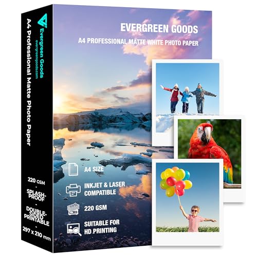 Inkjet & Laser Fotopapier A4 matt spritzwassergeschützt 50 Blatt 220GSM doppelseitig bedruckbar für Canon HP Epson Drucker von EVG