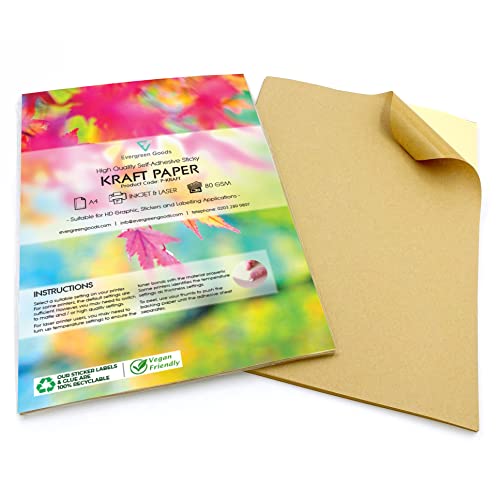 Evergreen Goods™ 50 Blatt A4 mattes, selbstklebendes Kraftpapier, selbstklebende, bedruckbare Etiketten für Tintenstrahl- und Laserdrucker, Druckpapier im A4-Format für hochauflösende Drucke von Evergreen Goods Ltd