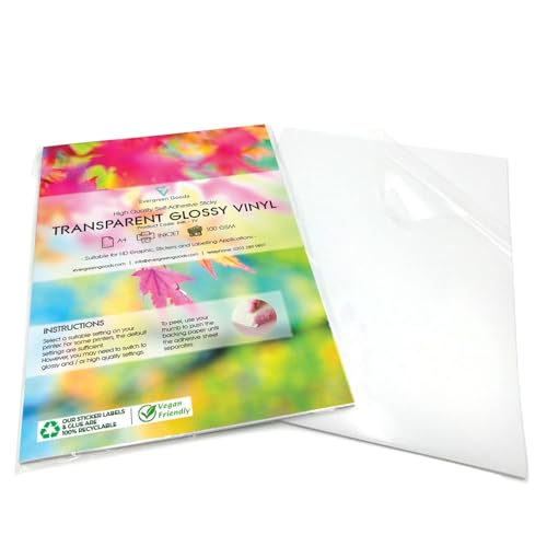 Evergreen Goods 15 Blätter A4 klar glänzend selbstklebendes Inkjet-Druckerpapier | bedruckbare Vinyl-Aufkleberblätter | hochauflösendes transparentes Druckpapier für Etiketten und Aufkleberdruck von EVG