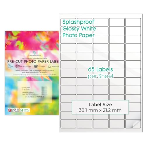 Vorgeschnittene Etiketten, A4-Blatt, glänzendes weißes Fotoaufkleberpapier, A4-Etiketten, spritzwassergeschützt, 9 Etikettengrößen-Variationen, Tintenstrahl- und Laserdruckbar (5 x 13 (65 pro Blatt), von EVG