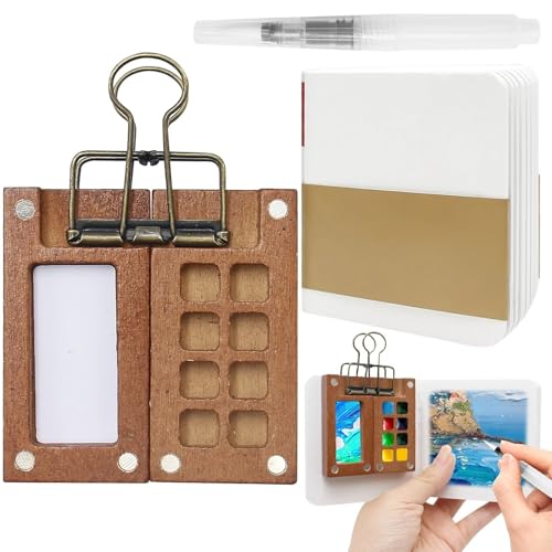 Mini Aquarell Set, Mini-Reisepalette, Tragbares Watercolor Paint Mit Binder-Clips, Pocket Aquarell-Set, Malkasten für Maler, Studenten, (1 Palette,1 Zeichnungsbuch,3 Bürsten,1 Kasten Farbe) von EVIRNFVEQ