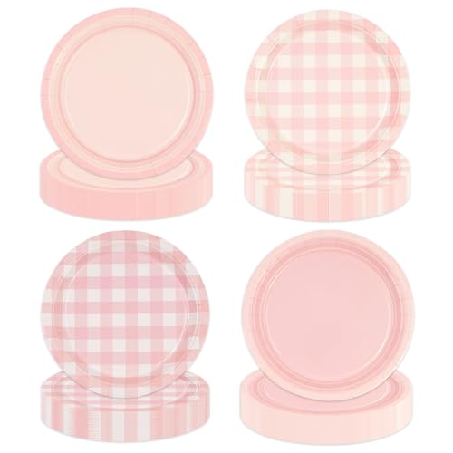 48 Stück Rosa Dessert Geburtstag Pappteller,17,8cm Einweg Teller mit kariertem Plaid Muster für Geburtstage, Babypartys, Hochzeiten, Camping und Themenpartys, 4 verschiedene Designs von EVYIENEN