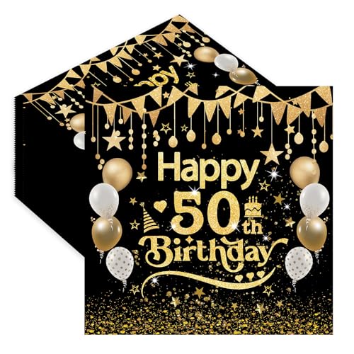 Servietten 50. Geburtstag,40 Stück Schwarz Gold Serviette 50 Geburtstag Mann,Tischdekoration Papierservietten für Mann Frau Feiern Party Jubiläum 33x33cm von EVYIENEN