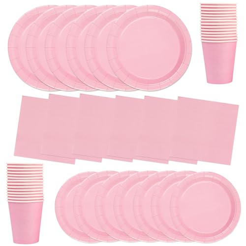 64 Stück Hellrosa Partygeschirr Set,Inklusive Teller Servietten Becher und Dessertteller Geeignet für Kinderpartys, Geburtstage Kinder Dekoration Hochzeiten und Tischdekoration von EVYIENEN
