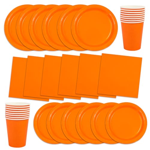 64 Stück Orange Partygeschirr Set,Inklusive Teller Servietten Becher und Dessertteller Geeignet für Kinderpartys, Geburtstage Kinder Dekoration Hochzeiten und Tischdekoration von EVYIENEN