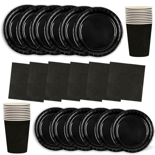 64 Stück Schwarz Partygeschirr Set,Inklusive Teller Servietten Becher und Dessertteller Geeignet für Kinderpartys, Geburtstage Kinder Dekoration Hochzeiten und Tischdekoration von EVYIENEN