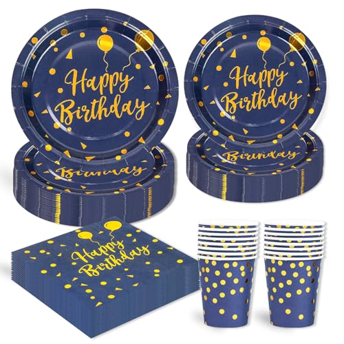 96 Stück Blau und Gold Partygeschirr,Happy Birthday Blau Gold Geburtstag Party Geschirr Becher Serviette Pappteller Set,für Mädchen Kinder Geburtstag Party Tischdekoration-24 Gäste von EVYIENEN
