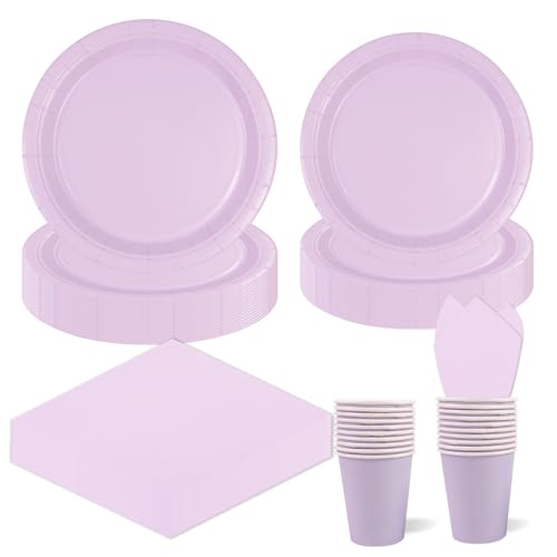 96 Stück Lila Partygeschirr,Lila goldenes Geburtstag Party Pappteller Becher Servietten Partyteller Set,für Geburtstag Kinder Party Dekoration Papier Geschirr Set von EVYIENEN