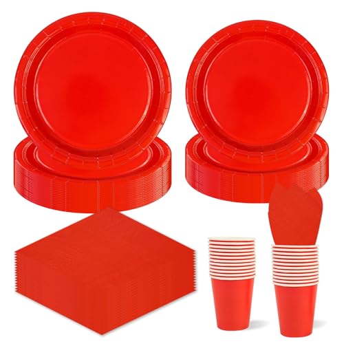 96 Stück Rote Partygeschirr,Rote goldenes Geburtstag Party Pappteller Becher Servietten Partyteller Set,für Geburtstag Kinder Party Dekoration Papier Geschirr Set von EVYIENEN