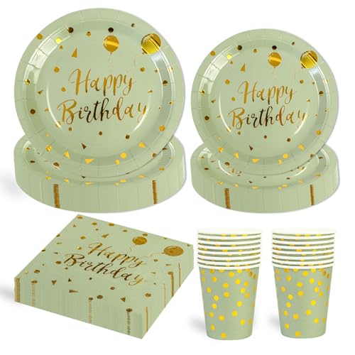 96 Stück Salbeigrün und Gold Partygeschirr,Happy Birthday Salbeigrün Gold Geburtstag Party Geschirr Becher Serviette Pappteller Set,für Mädchen Kinder Geburtstag Party Tischdekoration-24 Gäste von EVYIENEN