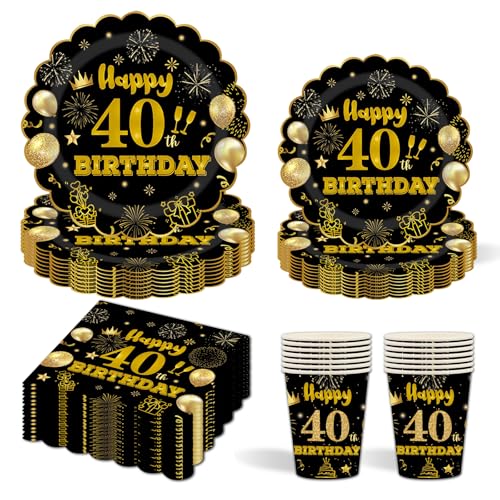 96 Stück Schwarz und Gold Partygeschirr,40th Geburtstag Party Pappteller Becher Servietten Partyteller Set für Geburtstag Kinder Party Dekoration Papier Geschirr-24 Gäste 96 Stück Schwarz und Gold Partygeschirr,40th Geburtstag Party Pappteller Becher Servietten Partyteller Set für Geburtstag Kinder Party Dekoration Papier Geschirr-24 Gäste von EVYIENEN