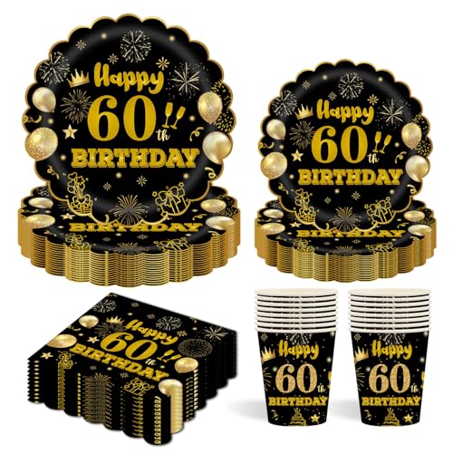 96 Stück Schwarz und Gold Partygeschirr,60th Geburtstag Party Pappteller Becher Servietten Partyteller Set für Geburtstag Kinder Party Dekoration Papier Geschirr-24 Gäste 96 Stück Schwarz und Gold Partygeschirr,60th Geburtstag Party Pappteller Becher Servietten Partyteller Set für Geburtstag Kinder Party Dekoration Papier Geschirr-24 Gäste von EVYIENEN