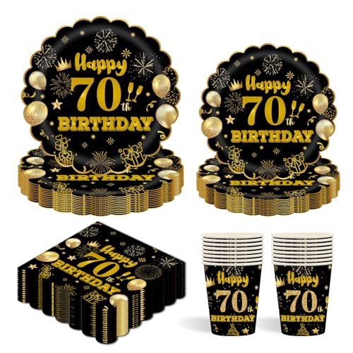 96 Stück Schwarz und Gold Partygeschirr,70th Geburtstag Party Pappteller Becher Servietten Partyteller Set für Geburtstag Kinder Party Dekoration Papier Geschirr-24 Gäste von EVYIENEN
