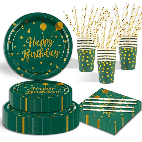 EVYIENEN 125 Stück Pappteller Geburtstag Dunkelgrüne Gold Punkte Partyzubehör Pappteller Set,25 Gäster Teller Tassen Servietten Strohhalme für Babydusche Geburtstag Hochzeit Party von EVYIENEN