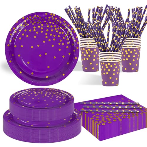EVYIENEN 125 Stück Pappteller Geburtstag Lila Gold Punkte Partyzubehör Pappteller Set,25 Gäster Teller Tassen Servietten Strohhalme für Babydusche Geburtstag Hochzeit Party EVYIENEN 125 Stück Pappteller Geburtstag Lila Gold Punkte Partyzubehör Pappteller Set,25 Gäster Teller Tassen Servietten Strohhalme für Babydusche Geburtstag Hochzeit Party von EVYIENEN