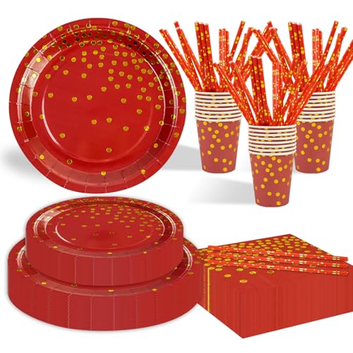 EVYIENEN 125 Stück Pappteller Geburtstag Rot Gold Punkte Gold,Partyzubehör Pappteller Set,25 Gäster Teller Tassen Servietten Strohhalme für Babydusche Geburtstag Hochzeit Party von EVYIENEN