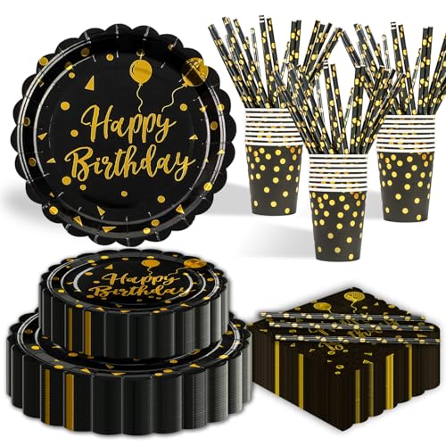 EVYIENEN 125 Stück Pappteller Kindergeburtstag,Schwarz Gold Fächerförmiger Einweg Geburtstag Pappteller,inkl Pappteller, Becher, Servietten und für Geburtstag Party Supplies EVYIENEN 125 Stück Pappteller Kindergeburtstag,Schwarz Gold Fächerförmiger Einweg Geburtstag Pappteller,inkl Pappteller, Becher, Servietten und für Geburtstag Party Supplies von EVYIENEN