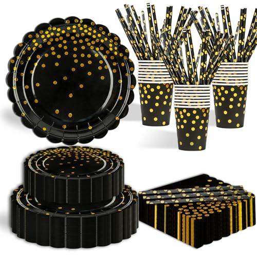 125 Stück Pappteller Partygeschirr,Schwarz Tupfen Fächerförmiger Einweg Geburtstag Pappteller,inkl Pappteller, Becher, Servietten und für Geburtstag Party Supplies von EVYIENEN