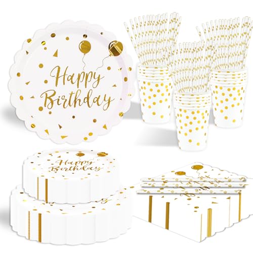 EVYIENEN 125 Stück Pappteller Kindergeburtstag,Weiß Gold Fächerförmiger Einweg Geburtstag Pappteller,inkl Pappteller, Becher, Servietten und für Geburtstag Party Supplies EVYIENEN 125 Stück Pappteller Kindergeburtstag,Weiß Gold Fächerförmiger Einweg Geburtstag Pappteller,inkl Pappteller, Becher, Servietten und für Geburtstag Party Supplies von EVYIENEN