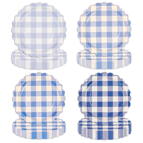 EVYIENEN 48 Stück Blau Farbverlauf überbacken Pappteller,Blau Gingham Partyteller Partyset Süße Party, 4 Designs Für Zum Weihnachten Geburtstag Hochzeiten Jubiläums Baby Dusche von EVYIENEN