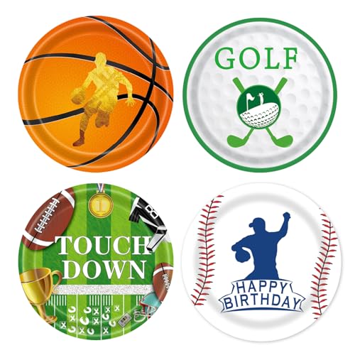 EVYIENEN 48 Stück Sport Geburtstag Party Pappteller, 17.8cm Einweg Sport Fußball Basketball Golf Baseball Pappteller, 4 Designs für Kinder Geburtstag Party Favour Dekoration von EVYIENEN