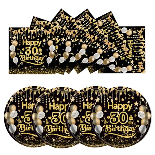 EVYIENEN 50 Stück 30th Geburtstag Pappteller und Servietten, Schwarz Gold Geburtstag Party Geschirr, Pappteller Set, Tischdekoration für Picknicks EVYIENEN 50 Stück 30th Geburtstag Pappteller und Servietten, Schwarz Gold Geburtstag Party Geschirr, Pappteller Set, Tischdekoration für Picknicks von EVYIENEN