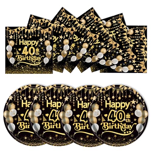 EVYIENEN 50 Stück 40th Geburtstag Pappteller und Servietten, Schwarz Gold Geburtstag Party Geschirr, Pappteller Set, Tischdekoration für Picknicks EVYIENEN 50 Stück 40th Geburtstag Pappteller und Servietten, Schwarz Gold Geburtstag Party Geschirr, Pappteller Set, Tischdekoration für Picknicks von EVYIENEN