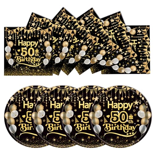 EVYIENEN 50 Stück 50th Geburtstag Pappteller und Servietten, Schwarz Gold Geburtstag Party Geschirr, Pappteller Set, Tischdekoration für Picknicks EVYIENEN 50 Stück 50th Geburtstag Pappteller und Servietten, Schwarz Gold Geburtstag Party Geschirr, Pappteller Set, Tischdekoration für Picknicks von EVYIENEN