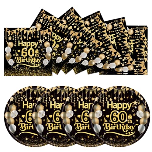 EVYIENEN 50 Stück 60th Geburtstag Pappteller und Servietten, Schwarz Gold Geburtstag Party Geschirr, Pappteller Set, Tischdekoration für Picknicks EVYIENEN 50 Stück 60th Geburtstag Pappteller und Servietten, Schwarz Gold Geburtstag Party Geschirr, Pappteller Set, Tischdekoration für Picknicks von EVYIENEN
