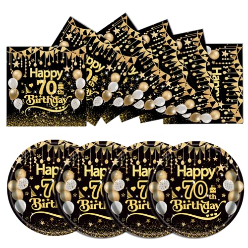 EVYIENEN 50 Stück 70th Geburtstag Pappteller und Servietten, Schwarz Gold Geburtstag Party Geschirr, Pappteller Set, Tischdekoration für Picknicks EVYIENEN 50 Stück 70th Geburtstag Pappteller und Servietten, Schwarz Gold Geburtstag Party Geschirr, Pappteller Set, Tischdekoration für Picknicks von EVYIENEN