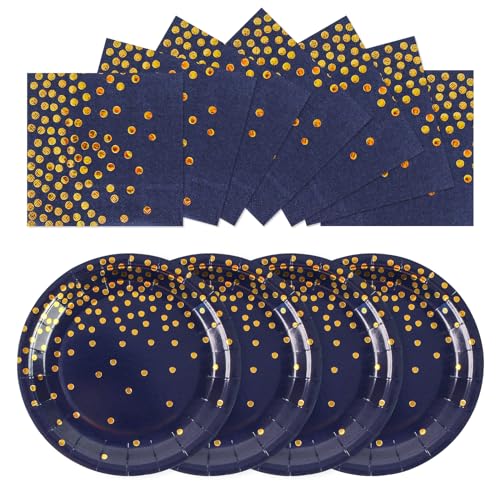 EVYIENEN 50 Stück Blau und gold Pappteller und Servietten,25 x 17.8cm Dessertteller 25 x 16.5cm Servietten Party Einweg Set，Pappteller Geburtstag, Party Teller Set für Picknicks von EVYIENEN