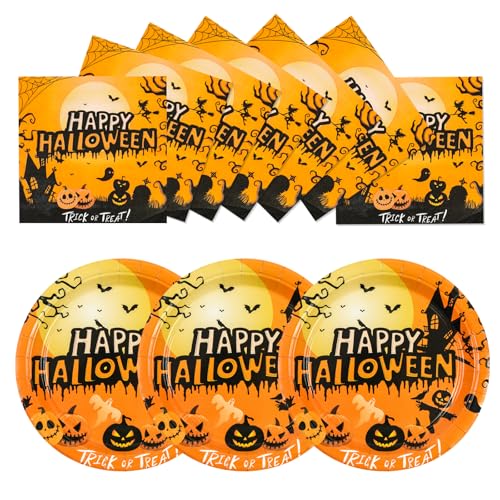 EVYIENEN 50 Stück Halloween-Pappteller und Servietten, Partyzubehör, Einweg-Kürbis-Geist, Dessertteller für Halloween-Themen-Geburtstagsparty-Dekorationen (orange) von EVYIENEN