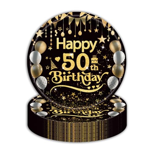EVYIENEN 50 Stück Happy Birthday 50th Geburtstag Pappteller,17,8 cm Schwarz Gold Einwe Dessertteller Geburtstag Party Geschirr Pappteller Pappteller Set,50th Pappteller Tischdekoration für Picknicks EVYIENEN 50 Stück Happy Birthday 50th Geburtstag Pappteller,17,8 cm Schwarz Gold Einwe Dessertteller Geburtstag Party Geschirr Pappteller Pappteller Set,50th Pappteller Tischdekoration für Picknicks von EVYIENEN