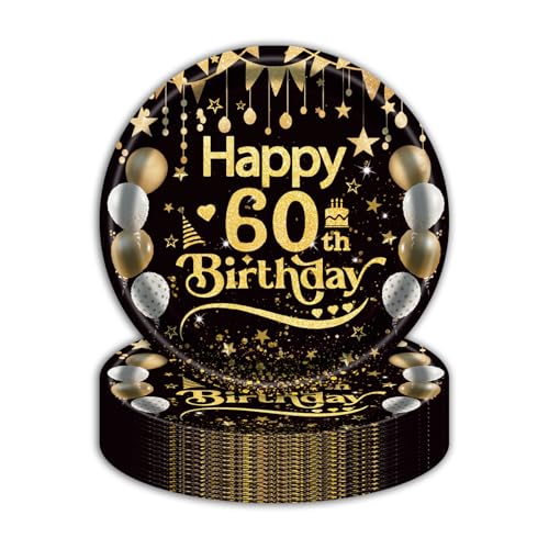 EVYIENEN 50 Stück Happy Birthday 60th Geburtstag Pappteller,17,8 cm Schwarz Gold Einwe Dessertteller Geburtstag Party Geschirr Pappteller Pappteller Set,60th Pappteller Tischdekoration für Picknicks EVYIENEN 50 Stück Happy Birthday 60th Geburtstag Pappteller,17,8 cm Schwarz Gold Einwe Dessertteller Geburtstag Party Geschirr Pappteller Pappteller Set,60th Pappteller Tischdekoration für Picknicks von EVYIENEN