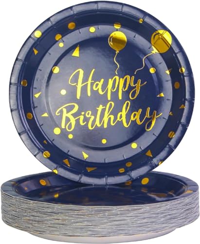 EVYIENEN 50 Stück Happy Birthday Blau und Gold Pappteller,17,8 cm Partyteller Goldfolie Party Einweg-Dessertteller-Set,Pappteller Geburtstag, Party Teller Set für Picknicks,Abschlussfeier von EVYIENEN