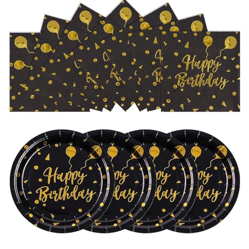 EVYIENEN 50 Stück Happy Birthday Schwarz und gold Pappteller und Servietten,25 x 17.8cm Dessertteller 25 x 16.5cm Servietten Party Einweg Set,Pappteller Geburtstag, Party Teller Set für Picknicks EVYIENEN 50 Stück Happy Birthday Schwarz und gold Pappteller und Servietten,25 x 17.8cm Dessertteller 25 x 16.5cm Servietten Party Einweg Set,Pappteller Geburtstag, Party Teller Set für Picknicks von EVYIENEN