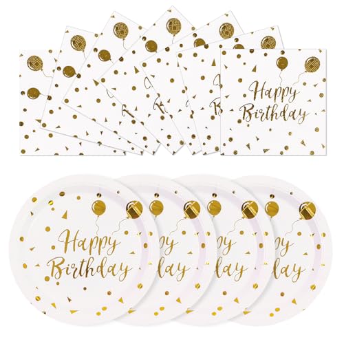 EVYIENEN 50 Stück Happy Birthday Weißgold Pappteller und Servietten,25 x 17.8cm Dessertteller 25 x 16.5cm Servietten Party Einweg Set，Pappteller Geburtstag, Party Teller Set für Picknicks von EVYIENEN