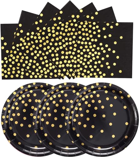 EVYIENEN 50 Stück Schwarz und gold Pappteller und Servietten,25 x 17.8cm Dessertteller 25 x 16.5cm Servietten Party Einweg Set，Pappteller Geburtstag, Party Teller Set für Picknicks von EVYIENEN