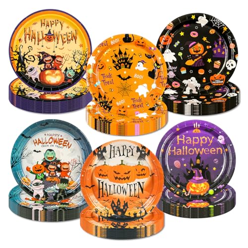 EVYIENEN 60 Stück Pappteller, 17,8 cm, Halloween-Pappteller, Kürbis, Monster, Fledermaus, Totenkopf und Geist, Einweg-Kuchen-Dessertteller für Halloween, Party, Abendessen, Geschirr, Dekoration EVYIENEN 60 Stück Pappteller, 17,8 cm, Halloween-Pappteller, Kürbis, Monster, Fledermaus, Totenkopf und Geist, Einweg-Kuchen-Dessertteller für Halloween, Party, Abendessen, Geschirr, Dekoration von EVYIENEN